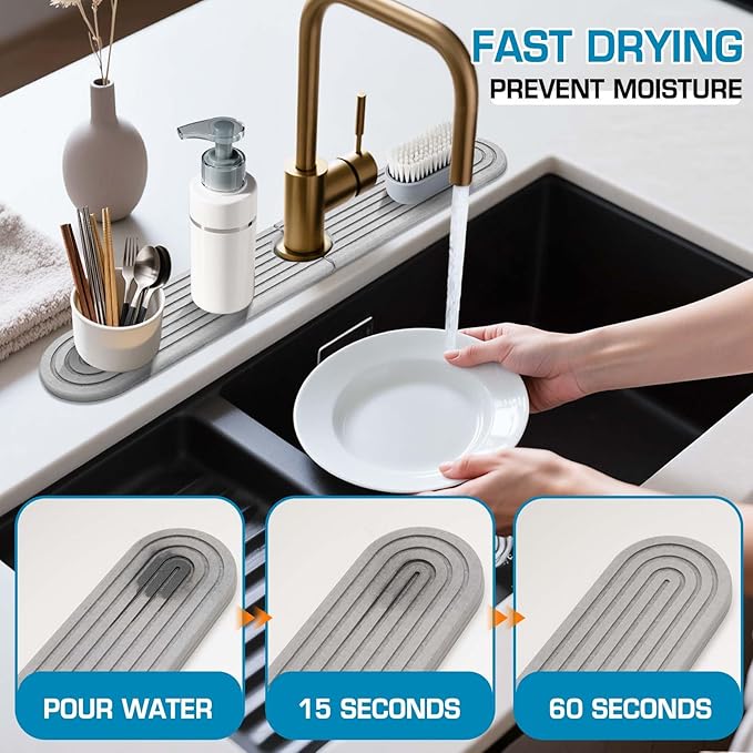 Light Gray-Oval 23.6" Diatomite Kitchen Faucet Mat Stone Sink Tray – Quick