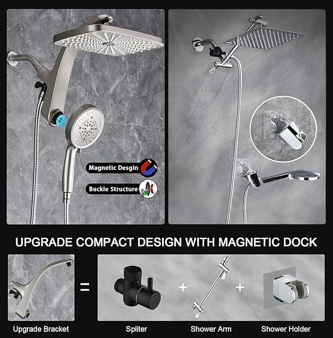 BOZYBO Rain Shower Head with Handheld: High Pressure Shower Heads with Handheld Spray Combo, 12" Rainfall Shower Head and 9 Sprays Hand Showerheads with Magnetic Docking and Power Jets, Nickel 1.8GPM
