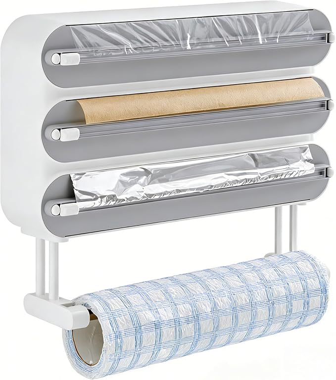 Kitchen Wrap Organizer Wall Mount — Plastic Wrap, Aluminum Foil, Parchment Paper & Paper Towel Holder, 4-in-1 Magnetic Cabinet Organizer, Space Saving ABS Kitchen Storage