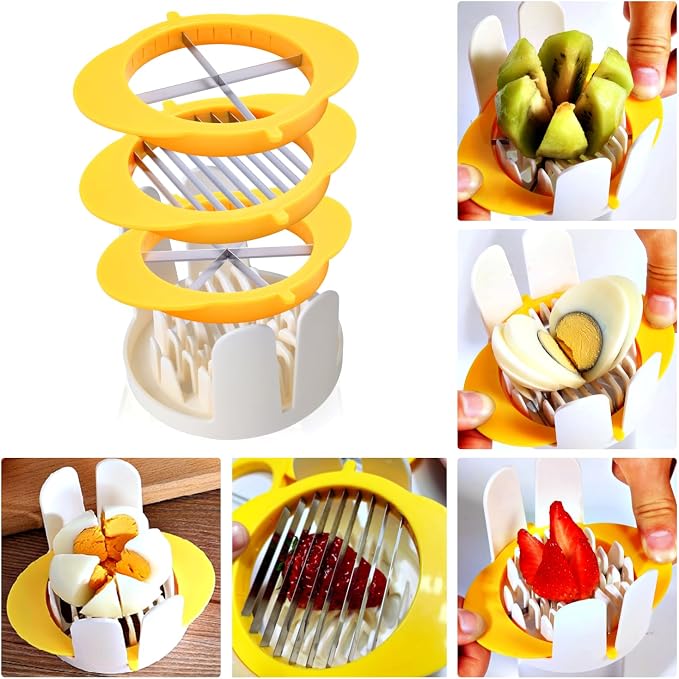 Jawbush 3-in-1 Egg Slicer with Sharp Stainless Steel Blades, Heavy Duty Multi-purpose Food Cutter for Slicing, Wedging & Quartering, Durable Blade Slicer for Hard Boiled Eggs, Strawberries & Kiwis