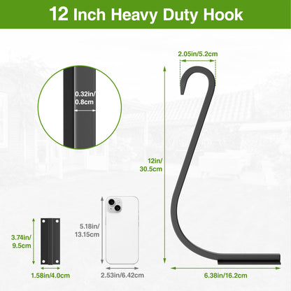 saffruff 12 Inch 2 Pack Plant Hangers for Indoor/Outdoor Wall Mount - Heavy Duty Hanging Plant Holder & Bird Feeder Hooks, Decorative Black Metal Wall Hangers for Plants, Flower Baskets