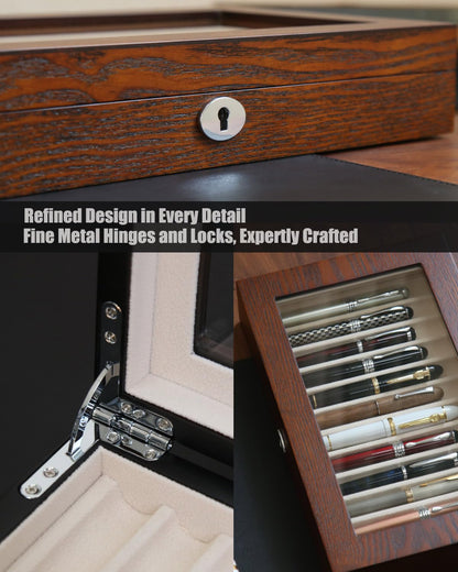 Besforu 12-Slot Fountain Pen Collector Case – Lockable Wooden Organizer with Glass Display Top, Premium Storage Box for Writing Instruments and Gift for Men