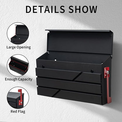 Wall Mount Mailbox for House Outside, Large Capacity Mailbox with Flag Drop Box, Galvanized Steel and Rust-Proof Metal Post Box, 15.74"x9.84"x4.33", Black, MD065