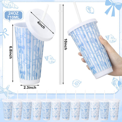 Pickmesh 12 Pcs 24 oz Coastal Blue Bow Plastic Cups with Lids and Straws Bulk Coastal Ocean Party Decoration Supply Blue Shell Reusable Tumbler for Birthday Wedding Baby Shower Party