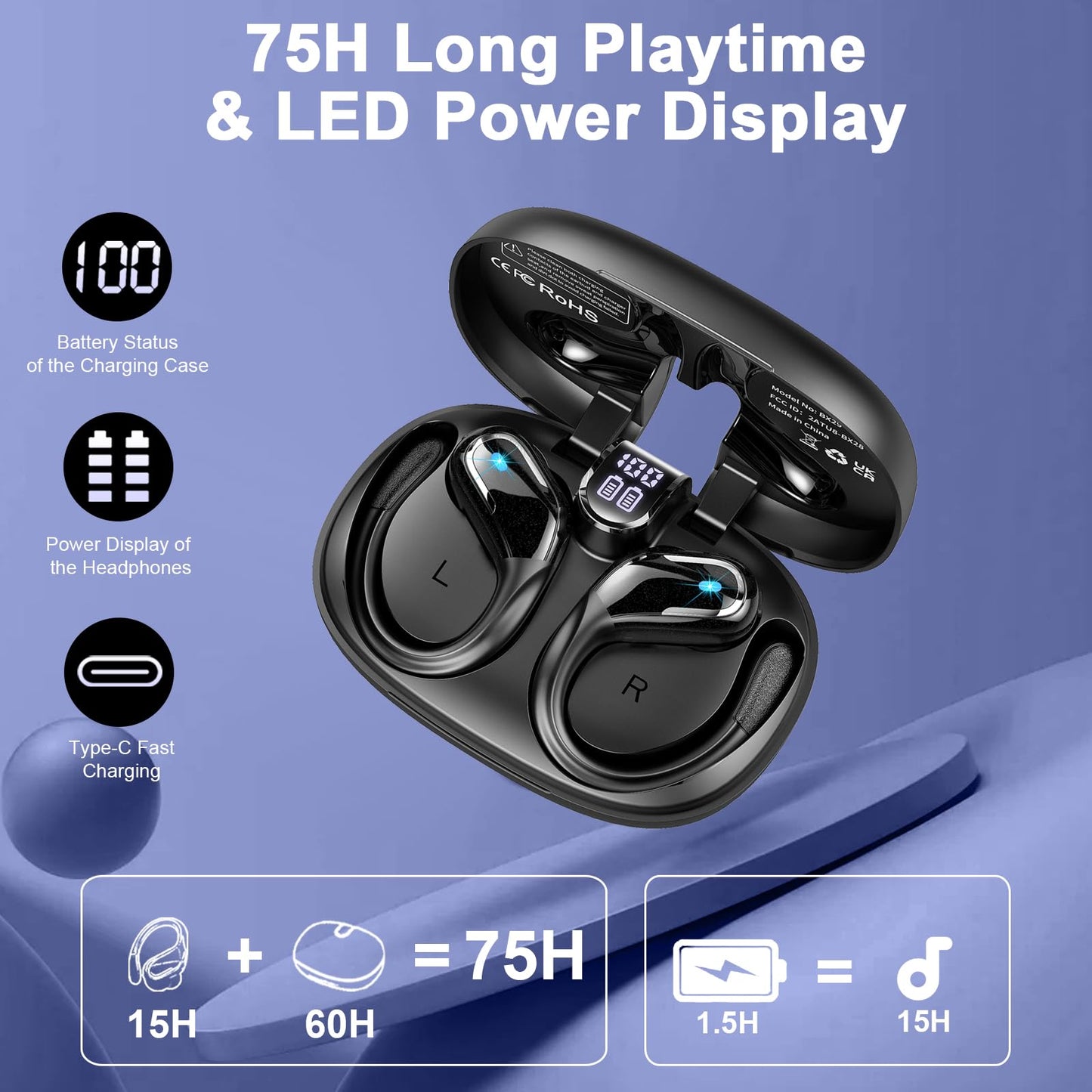 Ltinist Wireless Earbuds, 75hrs Bluetooth 5.4 Headphone Sport, 2025 Bluetooth Earbuds Deep Bass Over Ear Buds with Earhooks, ENC Noise Cancelling Earphone Mic, IPX8 Waterproof for Workout/Running/Gym