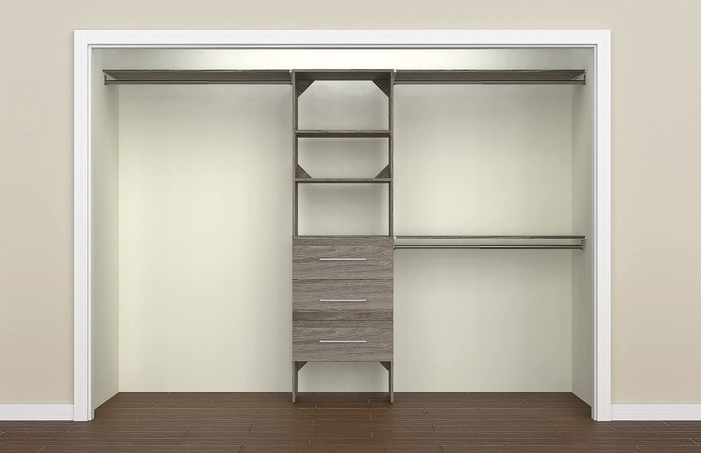 ClosetMaid SuiteSymphony Wood Closet Organizer Kit with Tower, 3 Hang Rods, Top Shelves, 3 Drawers, Modern, Fits Spaces 7 - 10 ft. Wide, Graphite Grey