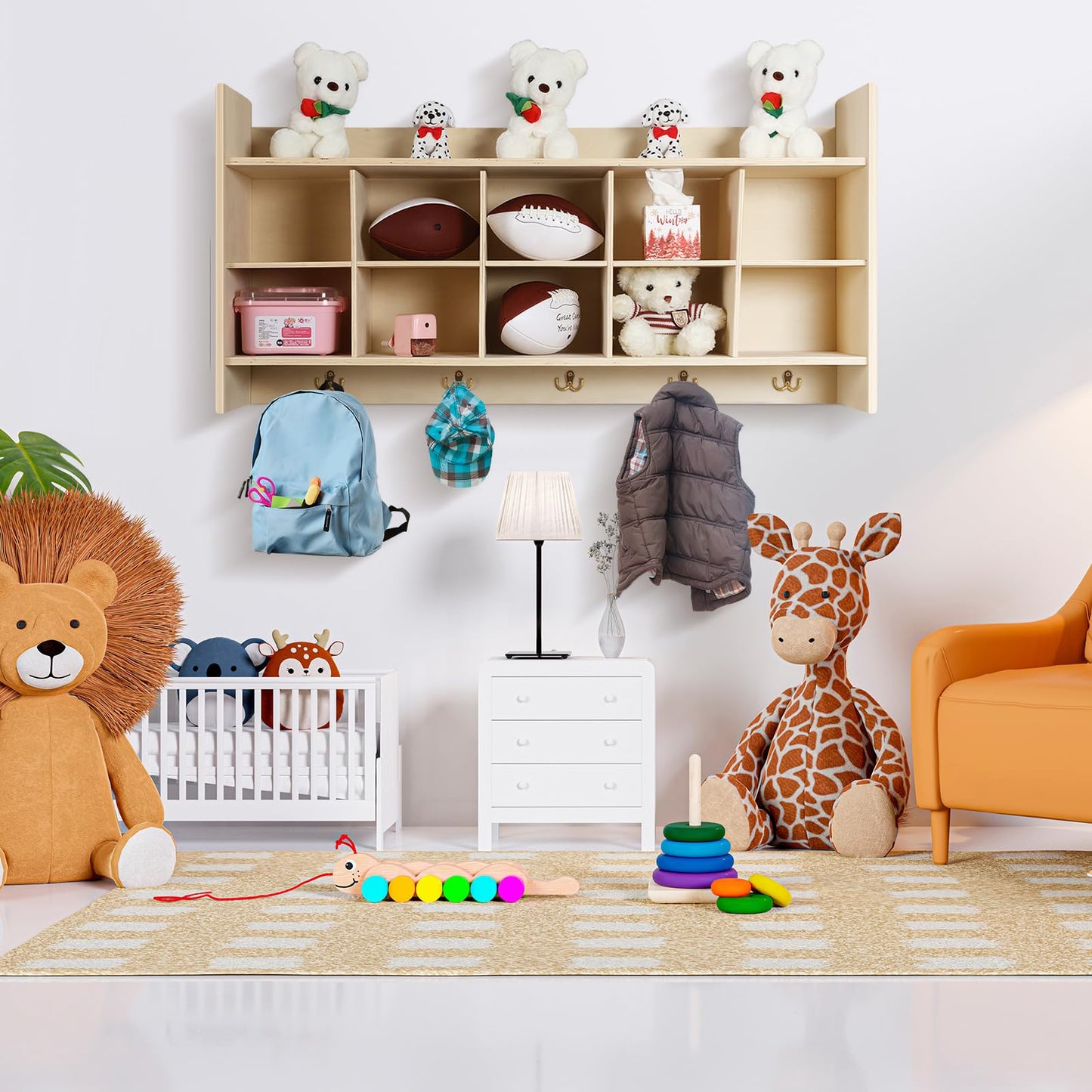 Colingmill Wall Cubbies 10 Section Hanging Cubby Storage Organizer with Coat Hooks Wooden Daycare Storage for Classroom School Kindergarten Kids Toys