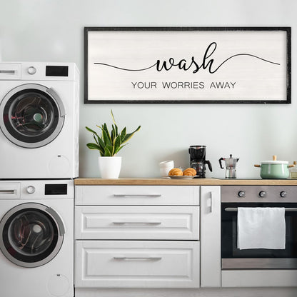 RLWangChao Farmhouse Laundry Room Wall Decor Wash Your Worries Away Sign 32×12 Inch Bathroom Inspirational Quote for Shower Room above the Bathtub Wooden Framed Minimalist Wall Hanging Art (Black)