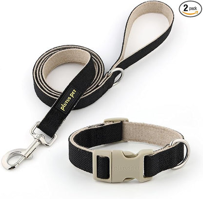 Plutus Pet Cotton Hemp Dog Collar and Leash Set, Adjustable Collar for Small, Medium, and Large Dogs, Heavy Duty and Soft on Skin, Black, XS