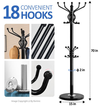 Kertnic Freestanding Coat Rack with 18 Hooks & Marble Base - Heavy Duty Metal Hall Tree Stand for Entryway, Hats, Coats, Bags Rack- Modern Hanger Organizer for Home, Office, Dorm (18 hooks -Black)