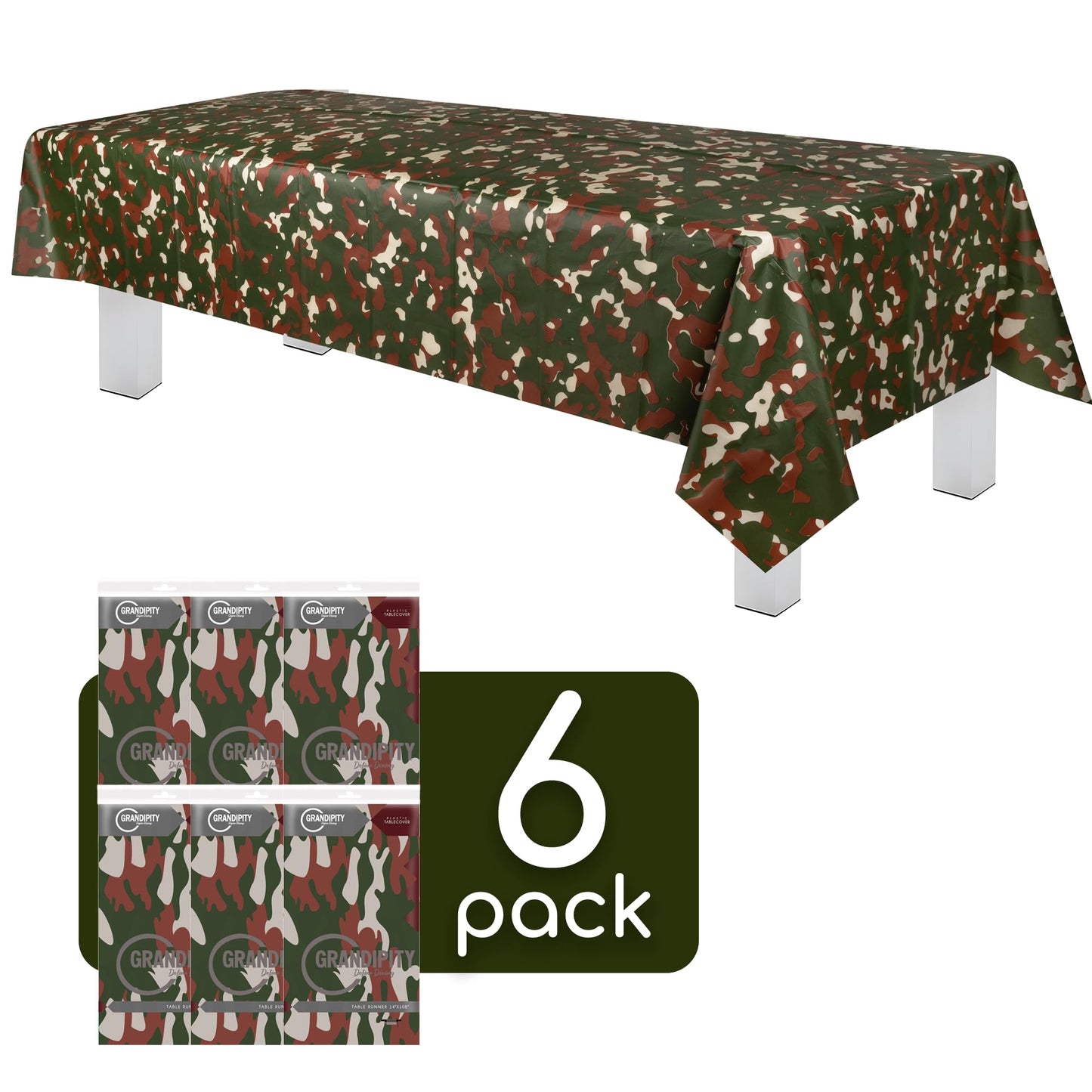 Grandipity Camouflage 6 Pack Premium Disposable Plastic Tablecloth 54 Inch. x 108 Inch. Rectangle Table Cover
