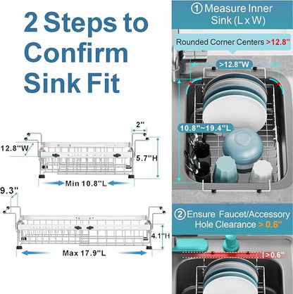 GSlife Dish Drying Rack Over the Sink - Expandable Stainless Steel Dish Drainer for Small Kitchen Apartment, Space Saving Sink Rack with Secure Lock Knob and Utensil Holder, Silver