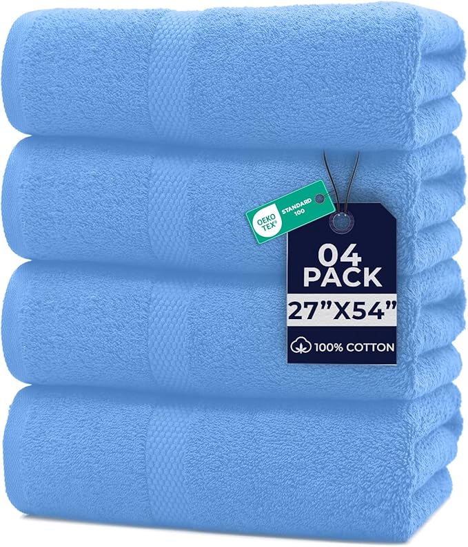 DAN RIVER Bath Towels Set of 4, 27 x 54 Inches, 100% Cotton, Larger & Lighter