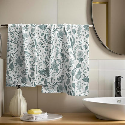 Spring Floral Hand Towels for Bathroom Set of 2 Aqua White Flower Leaves