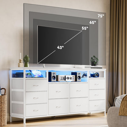 Garvee Dresser for Bedroom with LED Lights & Power Outlets, 63 Inch TV Stand Dressers for Bedroom with 10 Fabric Drawers, Entertainment Center with Open Storage Shelves for Entryway, White