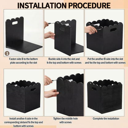 LemonRoad 2 Pcs 11 Inch Wooden Storage Bins with Scalloped Edge Stackable Wooden Storage Cubes Black Decorative Wood Crates for Book Shelves Vinyl Records, Pantry Closet Toys, Easy Assembly