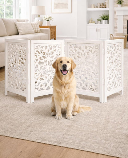 Free Standing Dog Gate – 4 Panel Foldable Wooden pet gate Indoor 72" W x 24" H, Hand-Carved Solid Wood & MDF, Portable Indoor Gate for Doorways, Halls, Stairs – Fully Assembled, Antique White