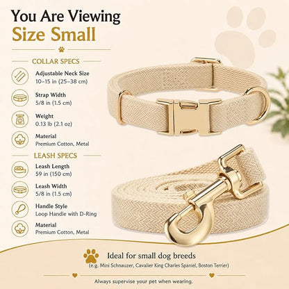 Herringbone Tweed Dog Collar and Leash Set for Small Dogs, Light Beige | Snag-free, no-rub design. Soft breathable cotton, gentle on fur. Adjustable durable matching combo for walks & outdoors.