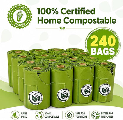 100% Compostable Handle-Tie Doggy Poop Bags (240 Bags) 16 Refill Rolls Plant-Based Cornstarch ASTM D6400 & EN 13432 Compliant HOME Certiified Compostabel Pet Dog Waste Bags (240 ct.)