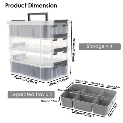 CraftGenes Grey&White Modern Plastic Storage Box - 4-Layer Durable Craft Storage Containers with 2 Removable Trays for Arts & Crafts Supplies, Sewing, Office, Seasonal Decor
