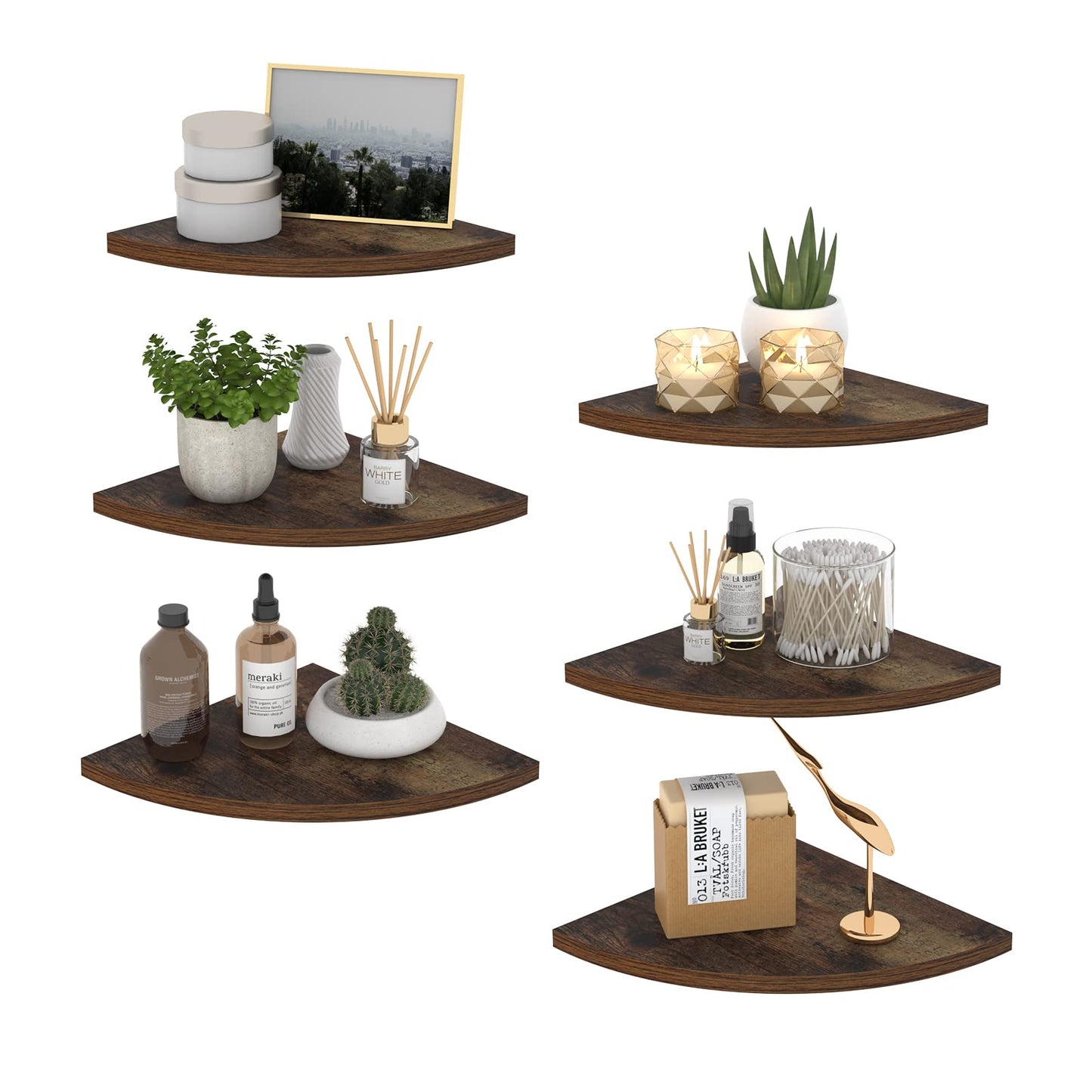 HORLIMER 6 Pack Wall Mount Floating Corner Shelf, Rustic Wood Corner Wall Shelves for Bedroom, Living Room, Bathroom, Kitchen