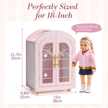 ROBOTIME 18 Inch Doll Closet, Wooden Doll Furniture Wardrobe with Mirror & Hangers, Pink Doll Clothes Storage Armoire, Doll Furniture for 18 Inch Dolls