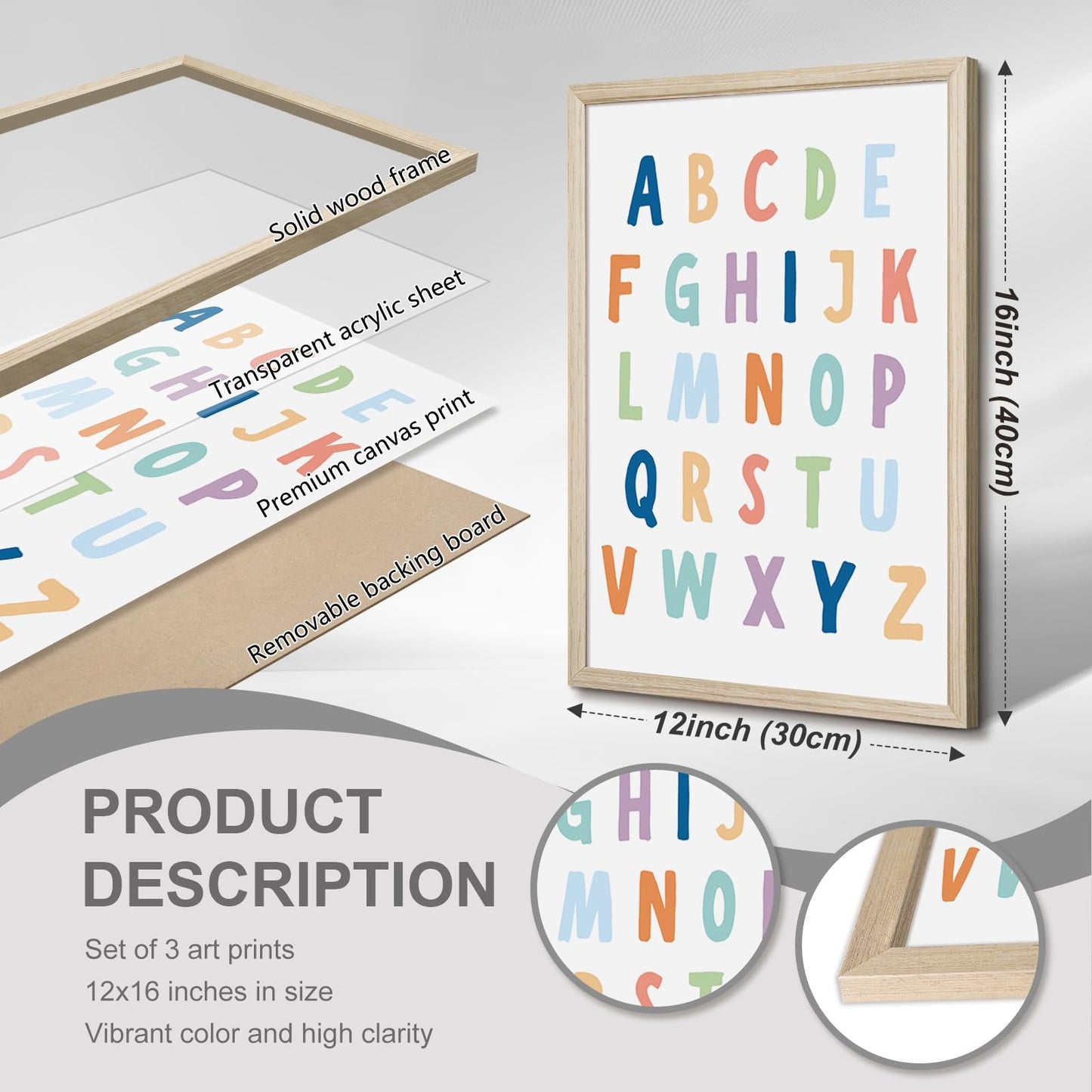 Kids Playroom Wall Art Decor Alphabet Poster Play Room Canvas Wall Decor ABC Nursery Wall Art 123 Toddler Poster Let's Read for Boy Girl Room 12x16 Inch Wood Framed Set of 3