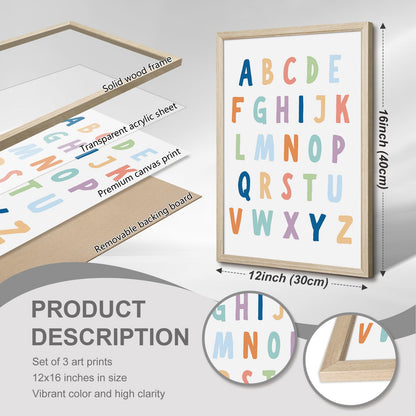 Kids Playroom Wall Art Decor Alphabet Poster Play Room Canvas Wall Decor ABC Nursery Wall Art 123 Toddler Poster Let's Read for Boy Girl Room 12x16 Inch Wood Framed Set of 3