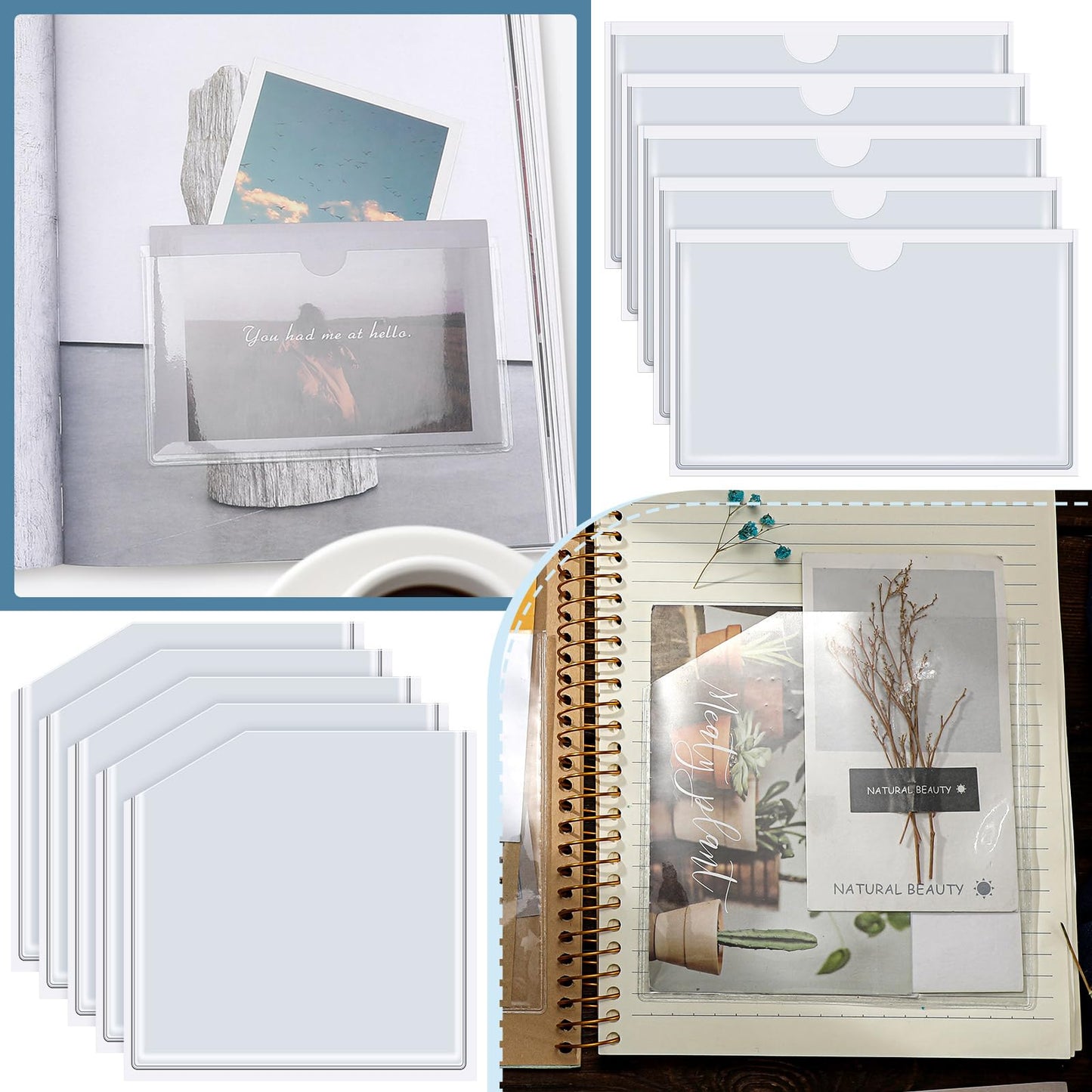 Junkin 20 Pcs Adhesive Pockets for Planners Index Card Pockets Planner Accessories Folder Self Sticky Clear Ideal Holder Top Open Add Storage Space to Notebooks Journal Office School Vinyl, 2 Styles