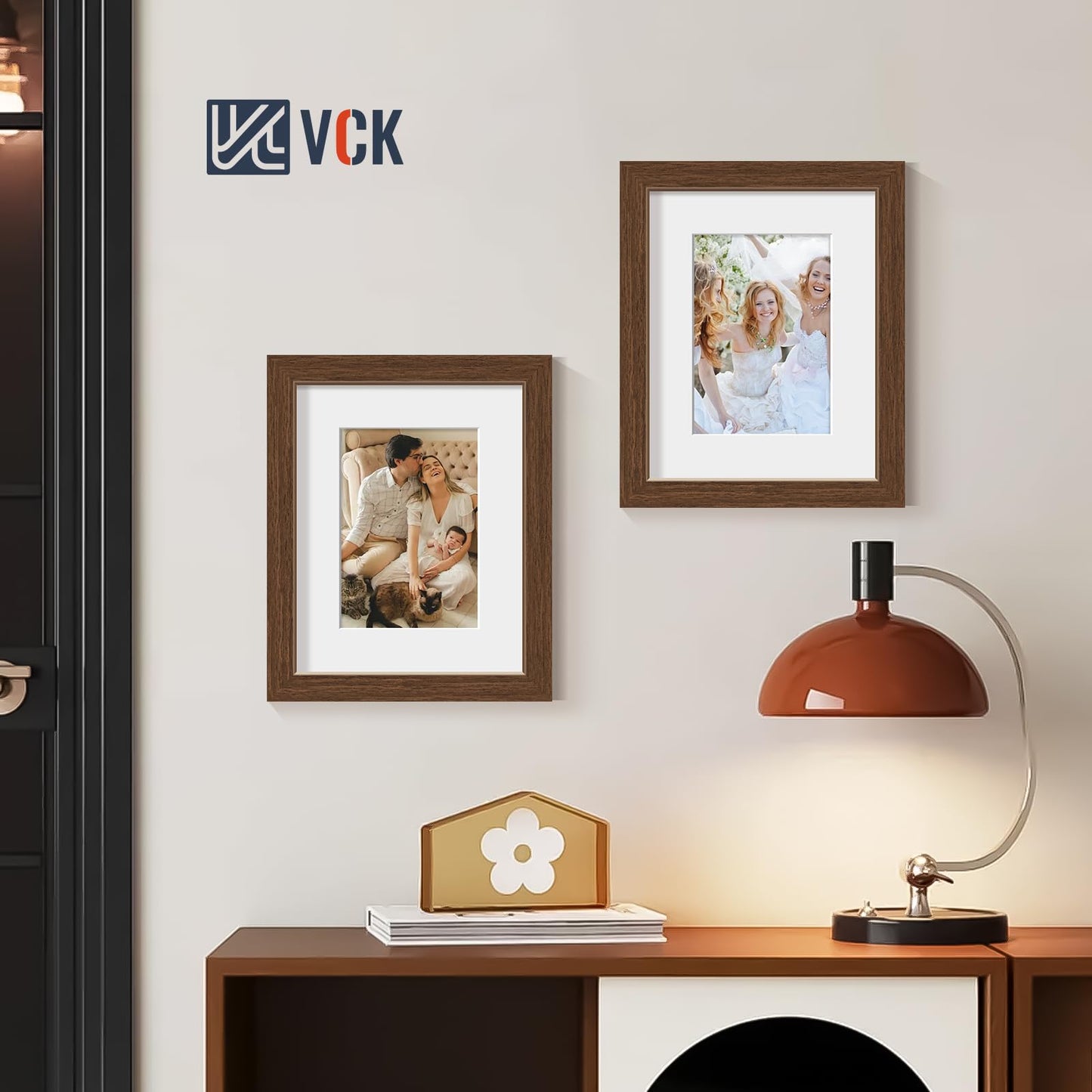 VCK 8x10 Picture Frame with Glass - 4 Pack, Display Pictures 5x7 with Mat or 8 x 10 without Mat - Wall and Tabletop, 8 by 10 Photo Brown Wooden Frames