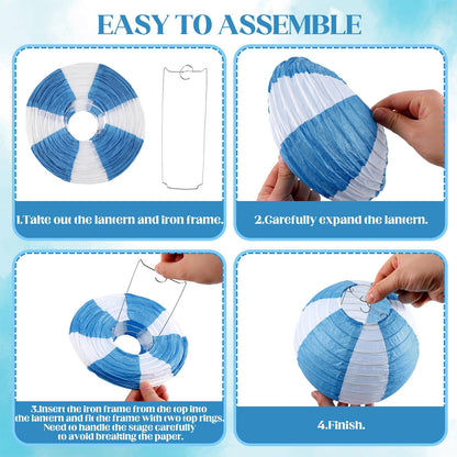 18 Pcs Summer Party Decorations Set Coastal Beach Seashell Paper Lanterns Blue Bow Starfish Hanging Swirls Ocean Nautical Pool Party Hanging Decor for Birthday Wedding Baby Shower Decor