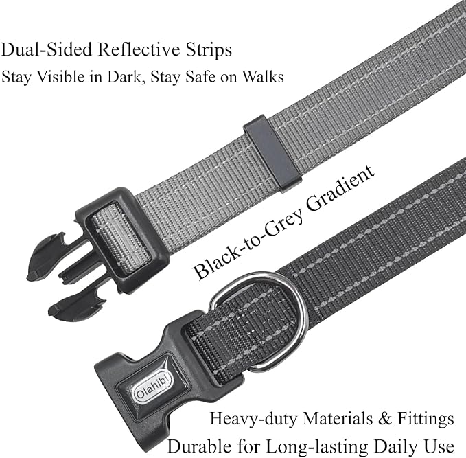 Dog Collar Leash Set, Gradient Color, with Safety Reflective Strips, 5 ft Matching Leash, Neoprene Padded Handle, Adjustable 4 Sizes for Small Medium Large Dogs.(S, Black Grey)