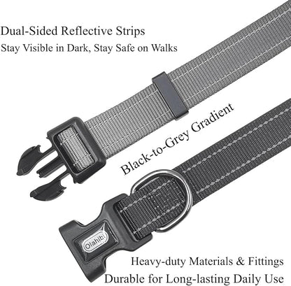 Dog Collar Leash Set, Gradient Color, with Safety Reflective Strips, 5 ft Matching Leash, Neoprene Padded Handle, Adjustable 4 Sizes for Small Medium Large Dogs.(XS, Black Grey)