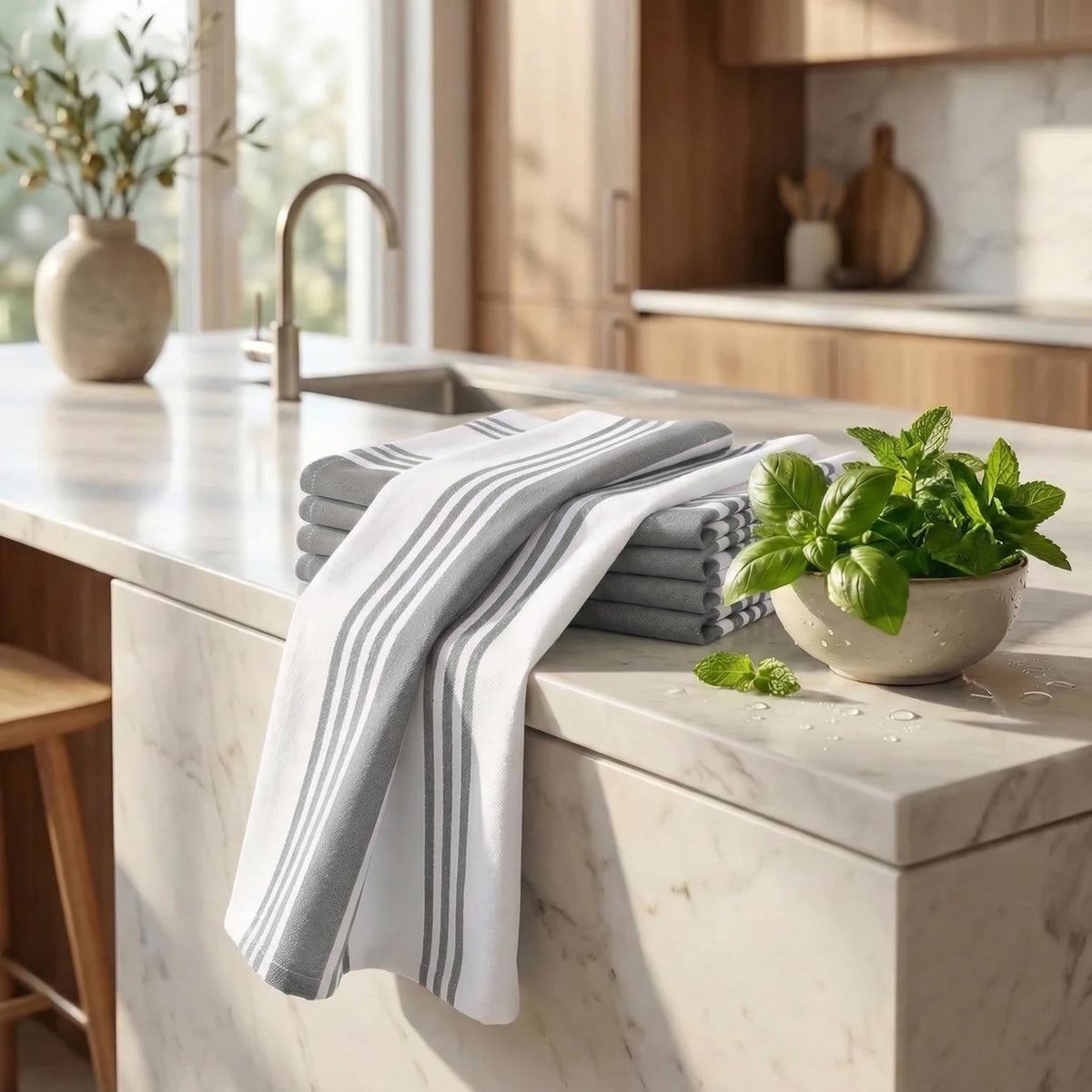 Urban Villa Kitchen Towels 100% Cotton Dish Towels for Kitchen (Set of 6) 20”x30” Dish Cloths Highly Absorbent Kitchen Linen Set with Hanging Loop Perfect for Drying Dishes Cleaning Towels-Grey White