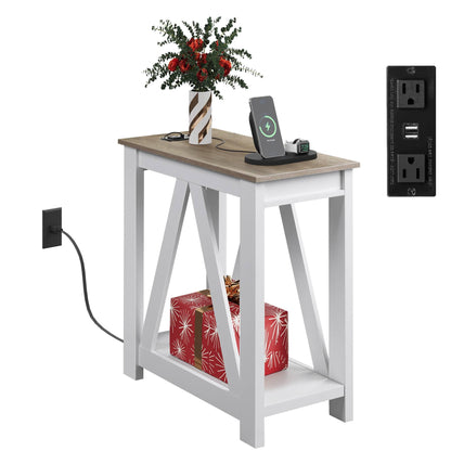 WLIVE Farmhouse End Table, Narrow Side Table with Charging Station, Slim End Table, Side Table for Bedroom, Living Room, Small Spaces, 2 USB and 2 Power Outlets, 11.8" D x 23.6" W x 23.74" H