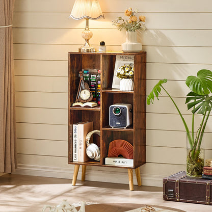 LEYAOYAO 5 Cube Small Bookshelf,3 Tier Mid-Century Bookcase with Legs,Wood Bookshelves Storage Organizer Shelf,Narrow Book Shelves,Brown Bookcases