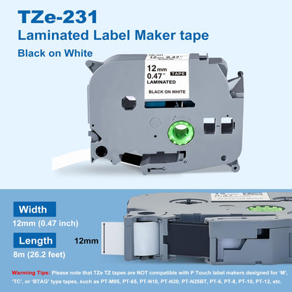 5-Pack TZe-231 Compatible with P Touch Label Maker Tape for TZe TZ Tape 12mm 0.47 Laminated White Refill Use with Ptouch PT-D220 D210 H110 D600 D410 D610BT,1/2 Inch x 26.3 ft