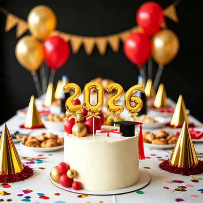 BEISHIDA Graduation Cake Toppers - 2026 Graduation Cupcake Congrats Grad Cake Decorations with Cap Diploma Balls for 2026 High School College Party Supplies（Red Gold）