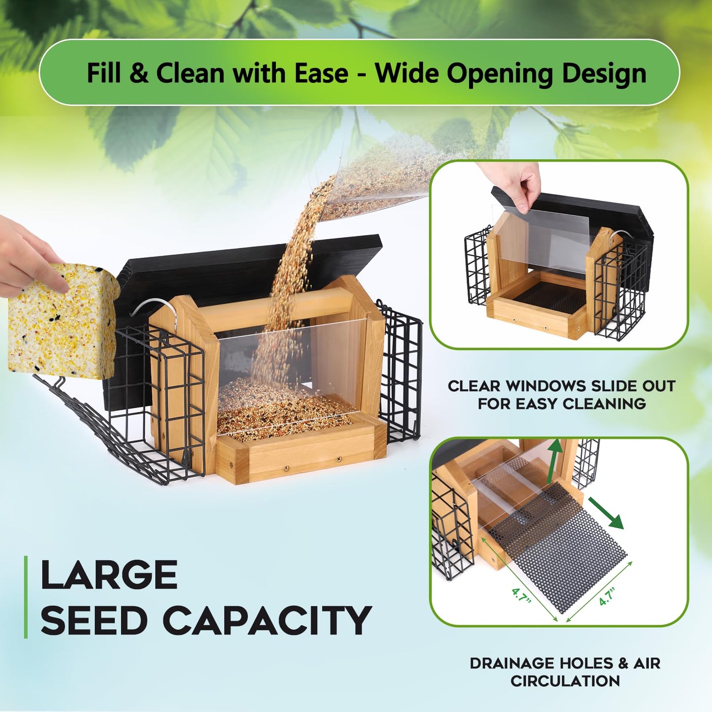 Gbekery Hopper Bird Feeder for Outdoors Hanging, Wooden Bird Feeder with Double Suet Cage and Large Seed Capacity, Cedar Wood Suet Feeder with Weatherproof Roof, Garden Decoration