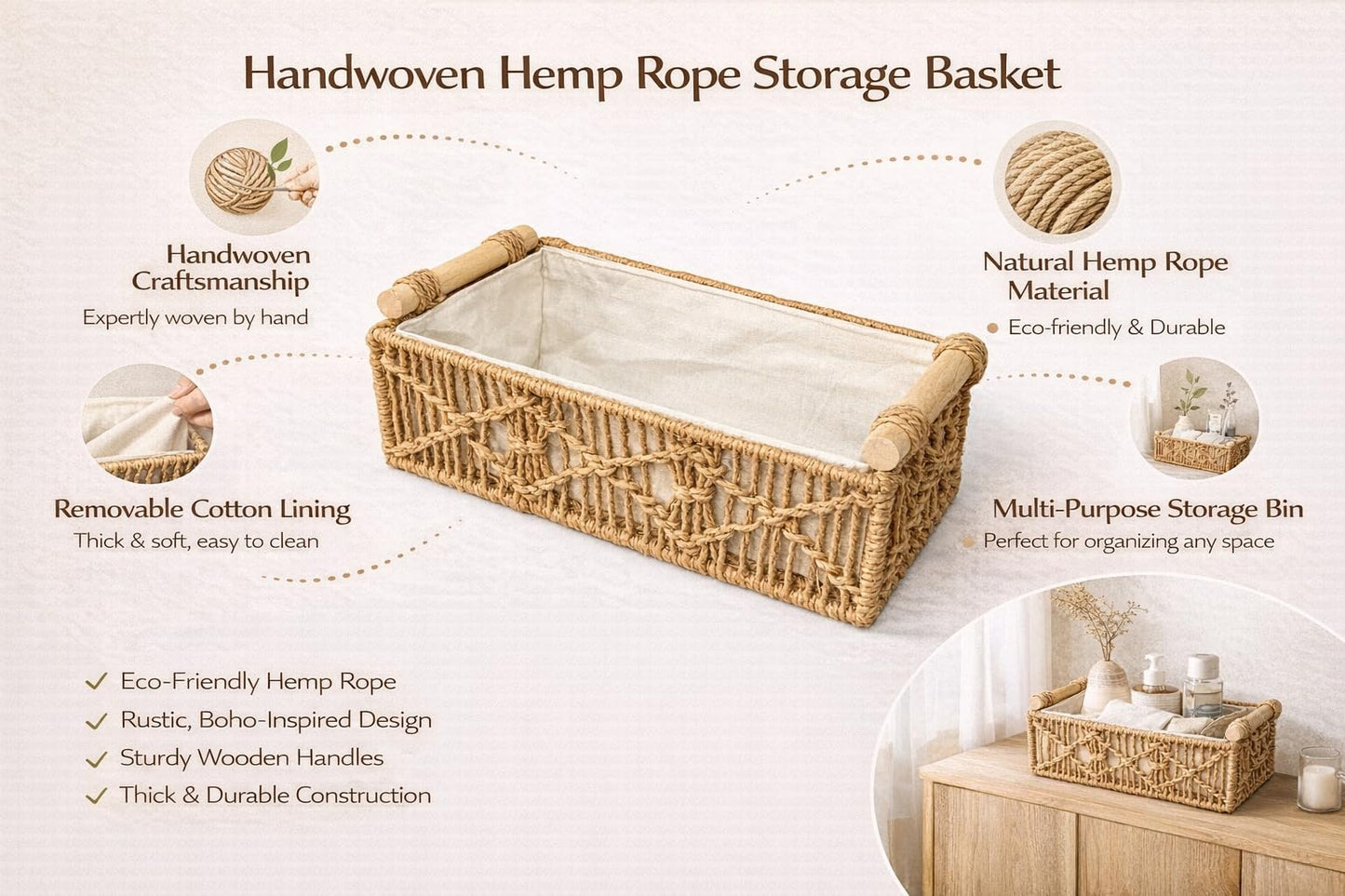 SDFUMAO Handwoven Jute Rope Storage Basket with Paulownia Wood Handles, Rectangular Decorative Organizer Bin with Removable Fabric Liner for Shelves, Countertops & Home Organization