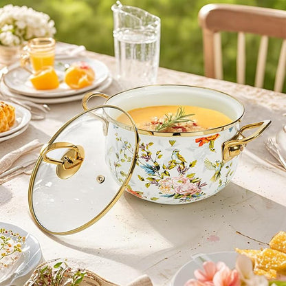 SOUJOY 2.8 Quart Enamel Stockpot with Glass Lid, Vintage Floral Soup Pot, Non-Stick Bean Stew Simmer Pot with Handle for Kitchen, Induction & Gas Stove Safe, Mother's Day, Wedding, Christmas Gift