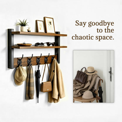 FOMAYKO Wall Hooks with Doubel Wood Shelves, 17 Inch Coat Hooks with Shelf, Wall-Mounted, Entryway Hanging Shelf with 5 Metal Hooks for Clothes Hats Towel Purse, Bathroom Bedroom, Rustic Brown Black
