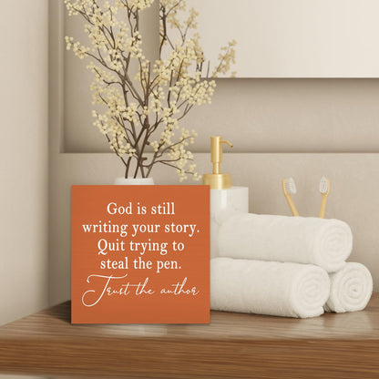 Luipk God Is Still Writing Your Story Orange Wood Box Sign Desk Decor 5X5, Christian Scripture Bible Verse Prayer Room Block Sign Decorations for Home Office Wall Tabletop Shelf Decor