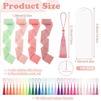 100 Pieces Acrylic Bookmark Blanks, Clear Acrylic Bookmarks with 30 Pieces Tassels and 4 Rolls Chiffon Silk Ribbon, Transparent DIY Bookmarks for Book Lover Crafts Present Tag Reading Accessories