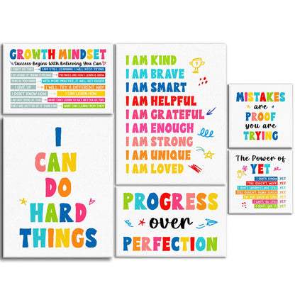Kids Affirmation Wall Decor,Positive Growth Mindset Wall Art Canvas Frame Poster Print for Kids Bedroom Nursery Classroom Mental Health Psychological Counseling Office Wall Decor,Set of 6