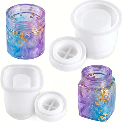 NiArt Epoxy Resin Casting Soft Silicone Mold Wide Mouth Screw-On Cap Bottles (Cuboid+Straight-Sided Cylinder), DIY Art Craft Multipurpose Home Lid Storage Container Jewelry Jar Holiday Decoration