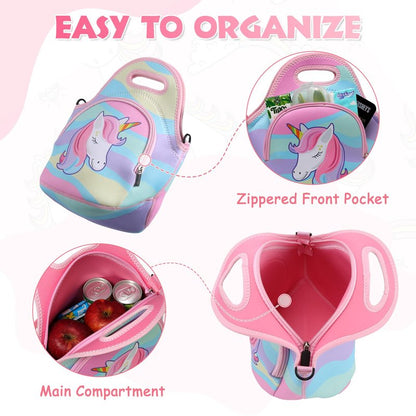 Lunch Bag for Kids, Chasechic Cute Lightweight Neoprene Insulated Lunch Boxes Tote with Detachable Adjustable Shoulder Strap (Unicorn)
