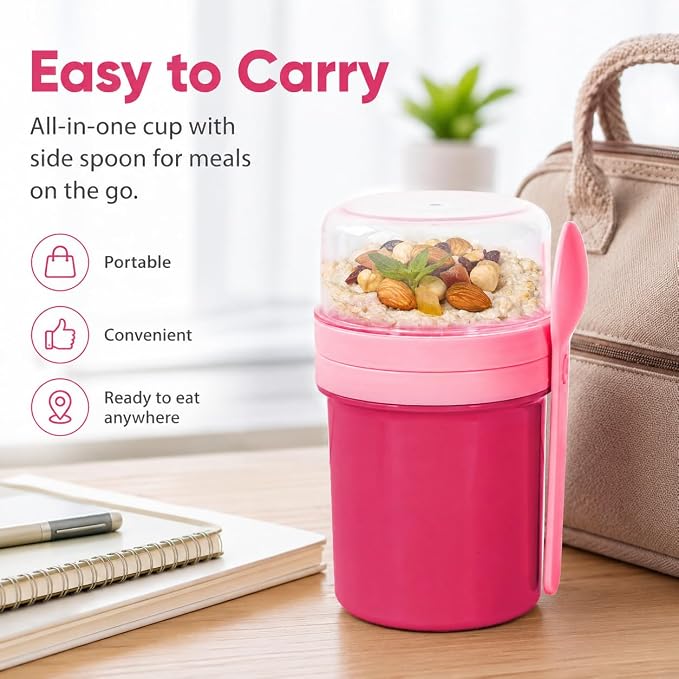27oz Reusable Yogurt Parfait & Overnight Oats Cups – 100% Leakproof with Lid & Spoon for Meal Prep, Breakfast, Office & Gym (Pink)