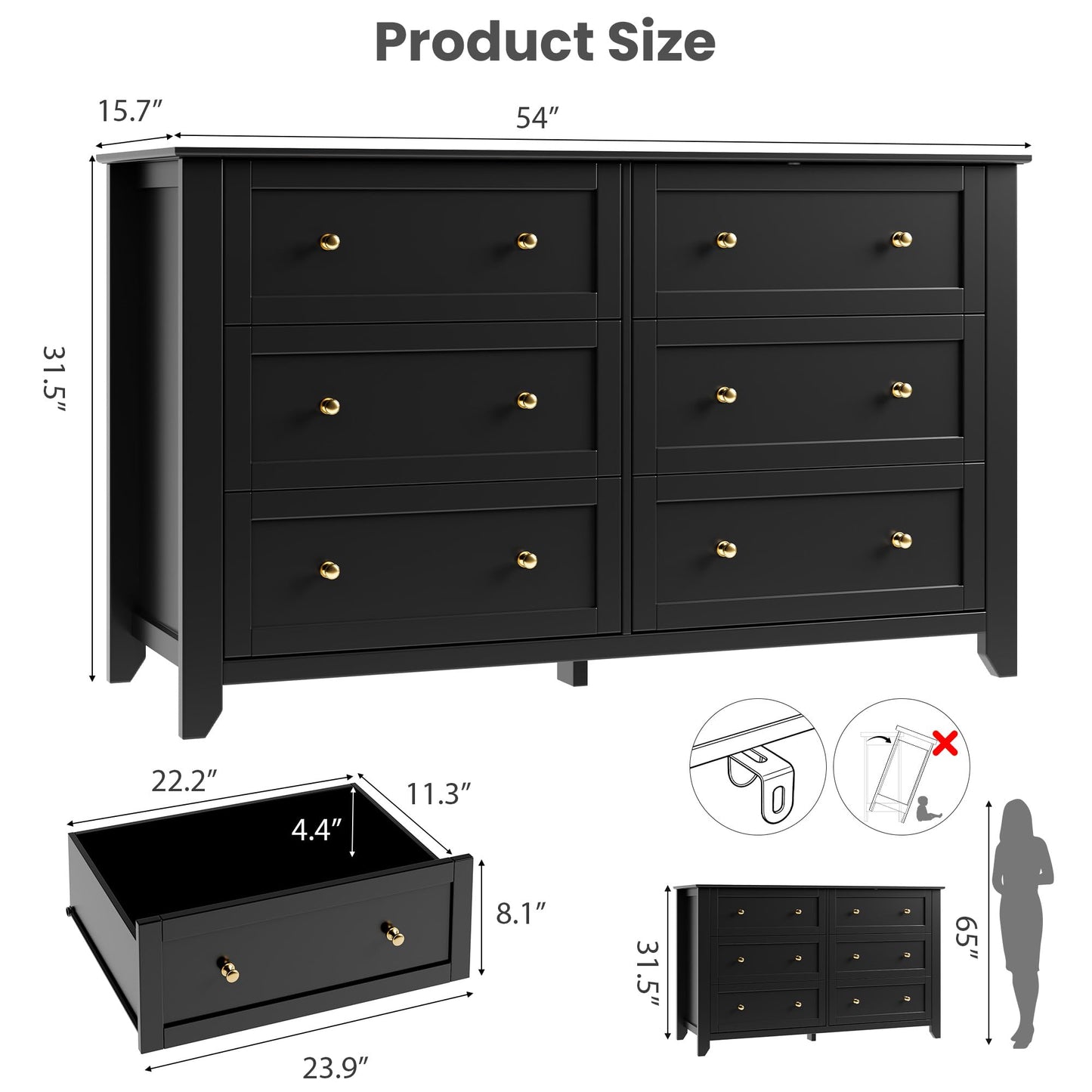 IDEALHOUSE Black 6 Drawer Dresser for Bedroom, 54" Wide Large Dresser with Deep Drawers & Metal Knobs, Modern Wooden Chests of Drawers for Entryway, Hallway