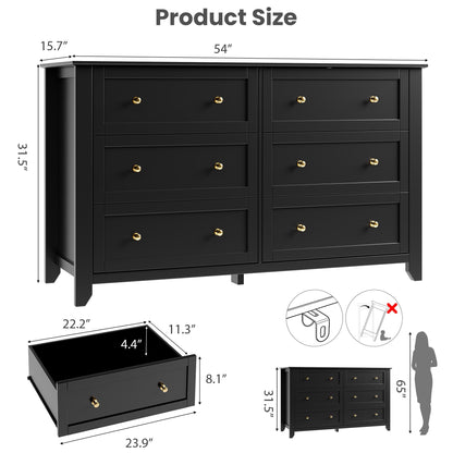 IDEALHOUSE Black 6 Drawer Dresser for Bedroom, 54" Wide Large Dresser with Deep Drawers & Metal Knobs, Modern Wooden Chests of Drawers for Entryway, Hallway